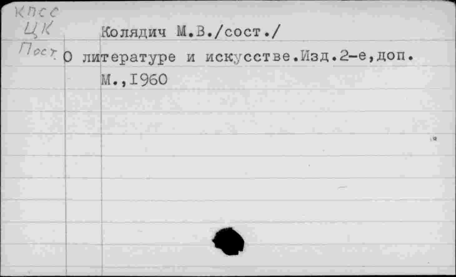 ﻿КПСС
Колядич М.З./сост./
О литературе и искусстве.Изд»2-
М.,1960
е,доп.